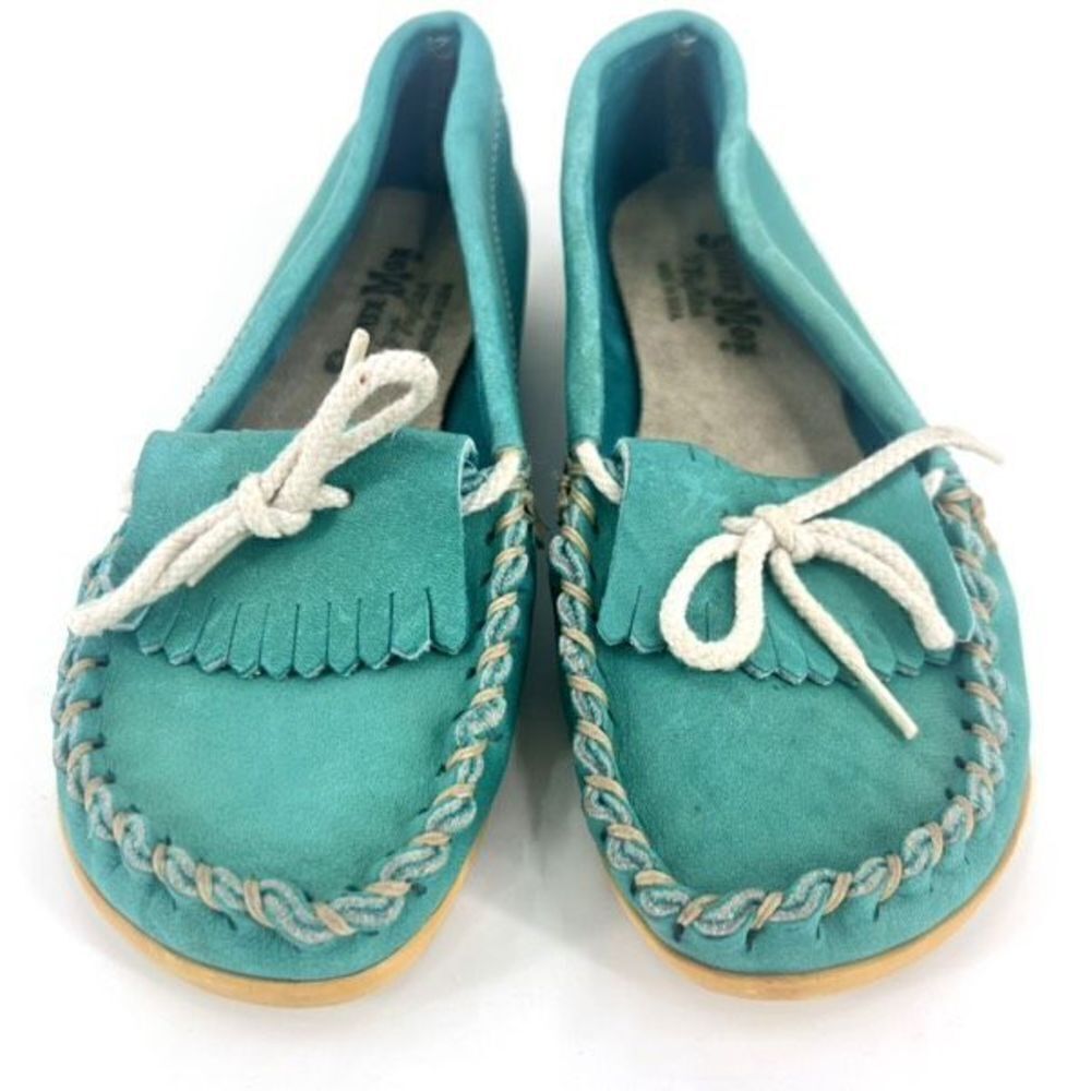 Vintage Sioux Mox Women's Suede Leather Tri‎ Stitch Moccasins Turquoise Size 6